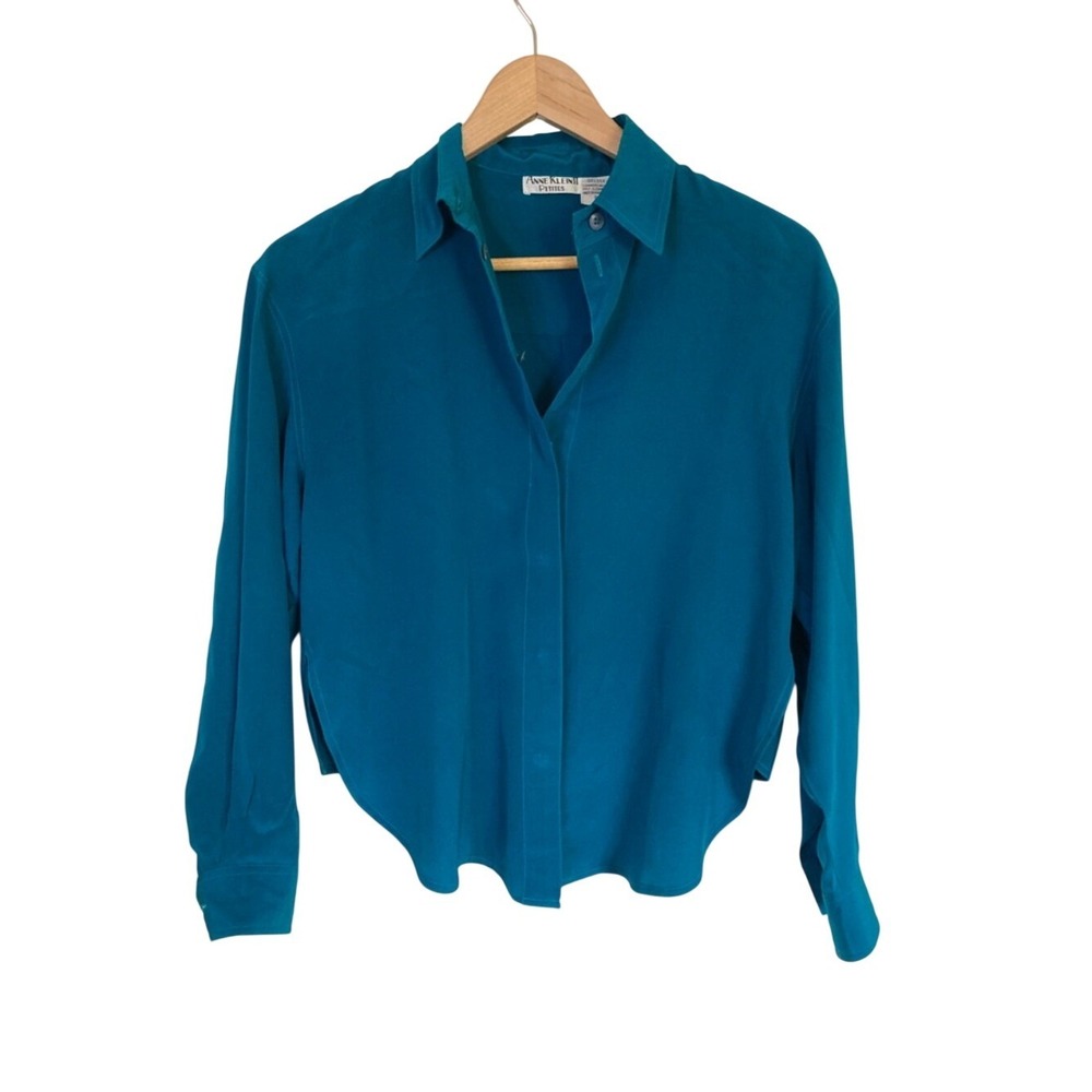 VTG Anne Klein Teal Button-Down Silk Blouse Size SP Classic 80s Long Sleeve Crop